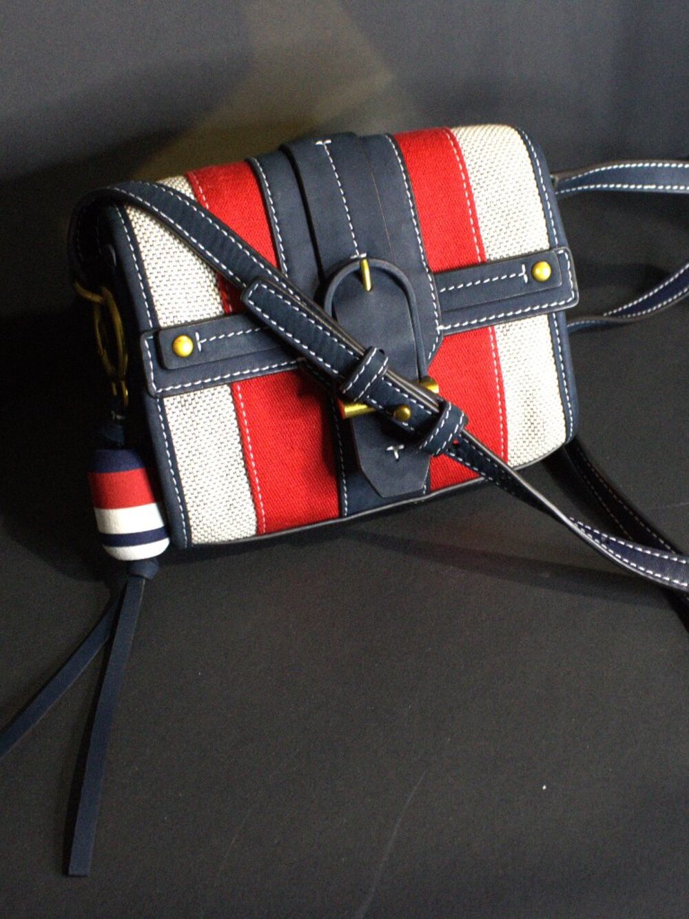 Tory Burch, Maritime Striped Canvas, Suede, Crossbody Bag. Bag Charm